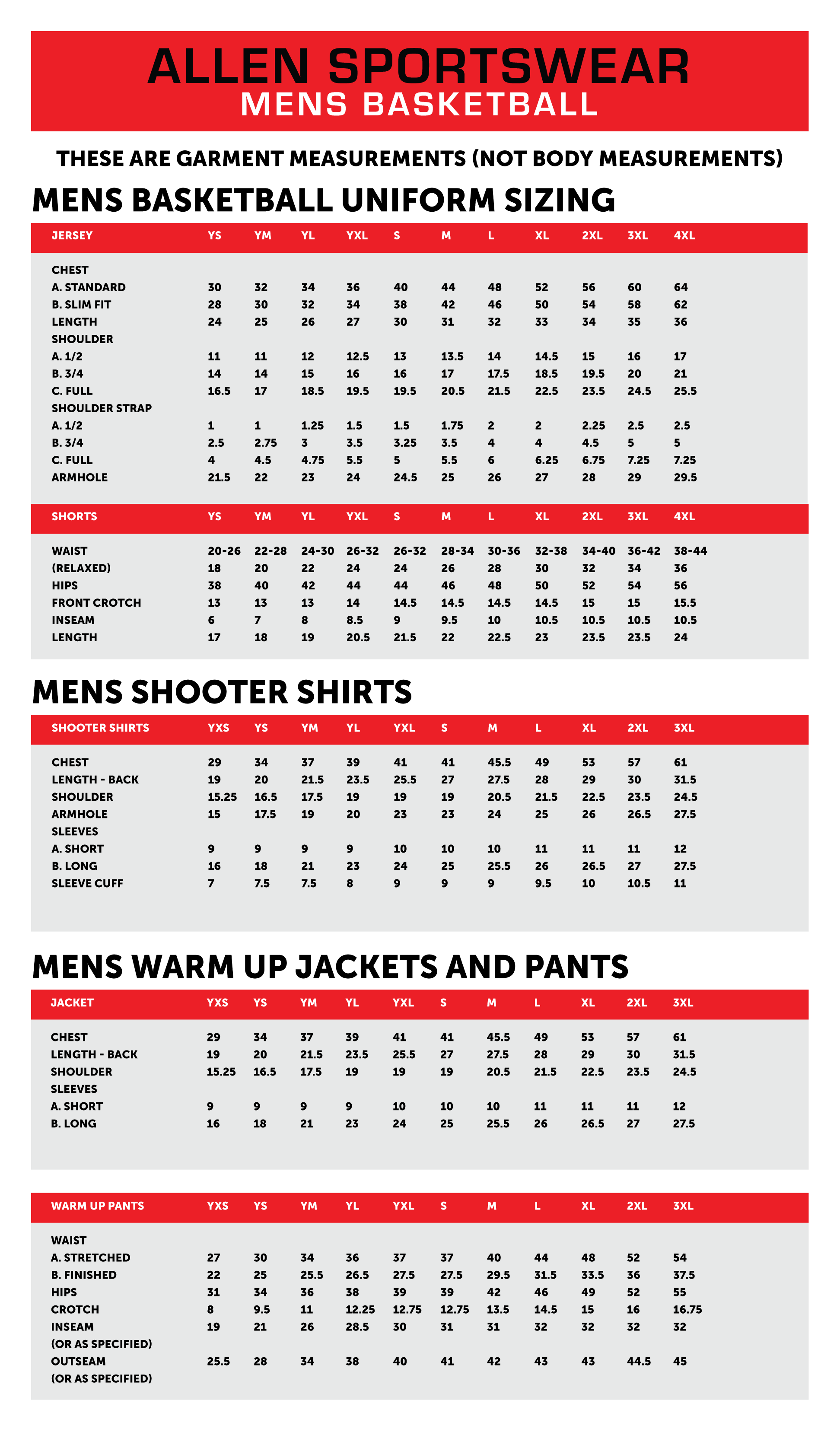 Red Shirt Size Chart