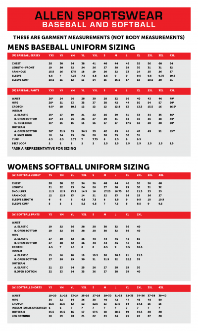 Baseball and Softball Sizing Chart - Allen Sportswear