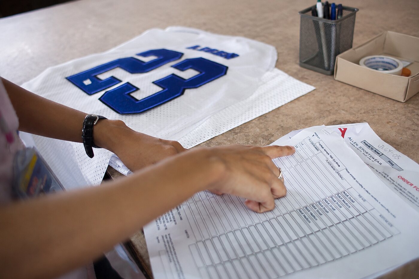 Allen Sportswear order form in the production shop