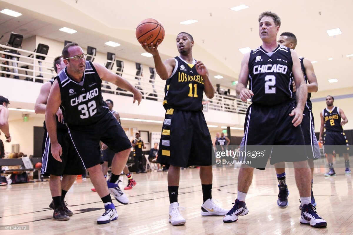 E-League celebrity basketball game action, Allen Sportswear uniforms on court, 2014