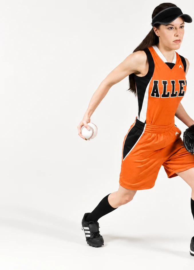 Softball player in a custom Allen Sportswear uniform